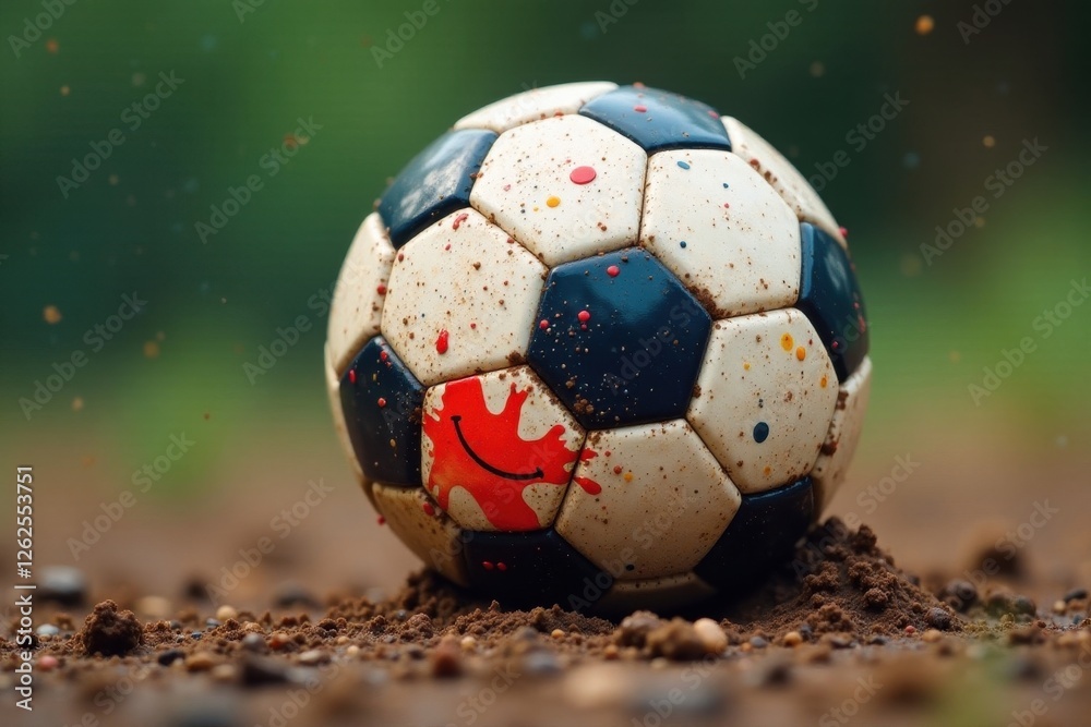 Fototapeta premium Muddy soccer ball, paint splatters, friendly expression, soft colors, fun, image, children's