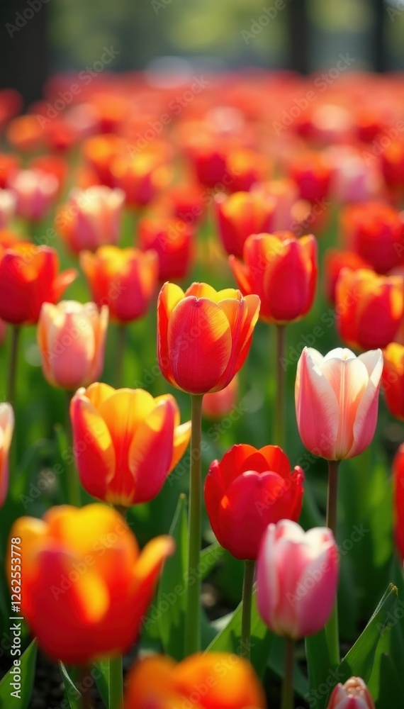 Multicolored tulips carpet a bright spring meadow, closeup, springtime Multicolored tulips carpet a bright spring meadow, closeup, springtime