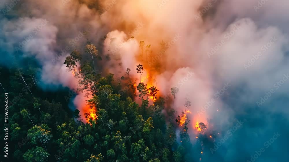 Forest fire burning through dense vegetation in a remote area surrounded by smoke clouds Forest fire burning through dense vegetation in a remote area surrounded by smoke clouds