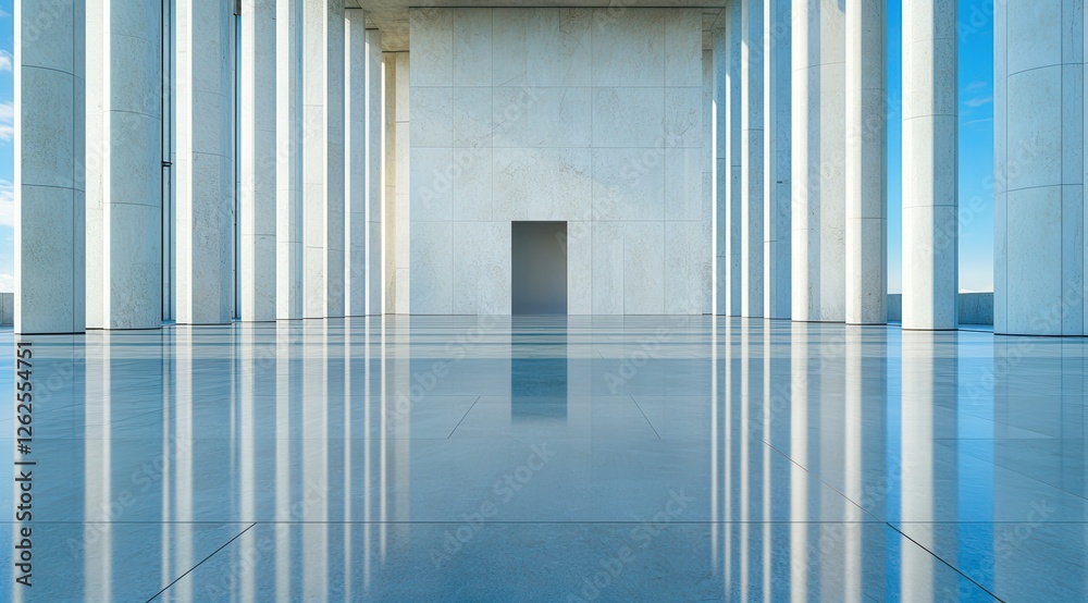 Fototapeta premium Modern architecture featuring tall white columns and a sleek polished floor, creating a serene and open space, Ideal for backgrounds in corporate presentations, art projects