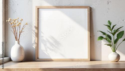 Blank frame on wooden table with plants and dried flowers