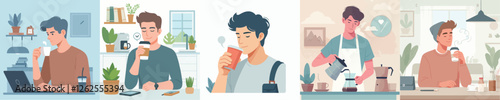 vector young man drinking coffee