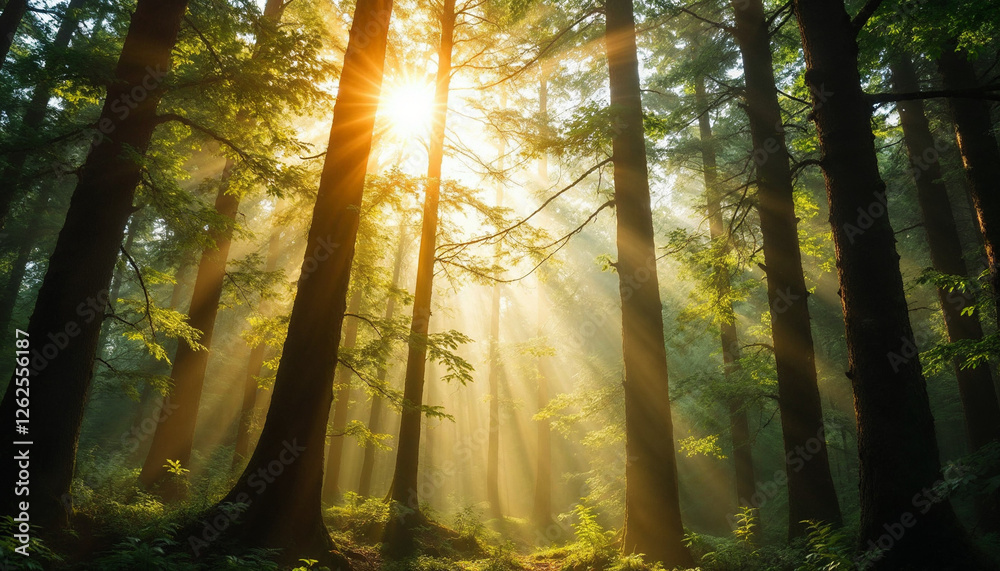 Sunlight through forest, misty air, golden light, tall trees, and natural atmosphere. Sunlight through forest, misty air, golden light, tall trees, and natural atmosphere.