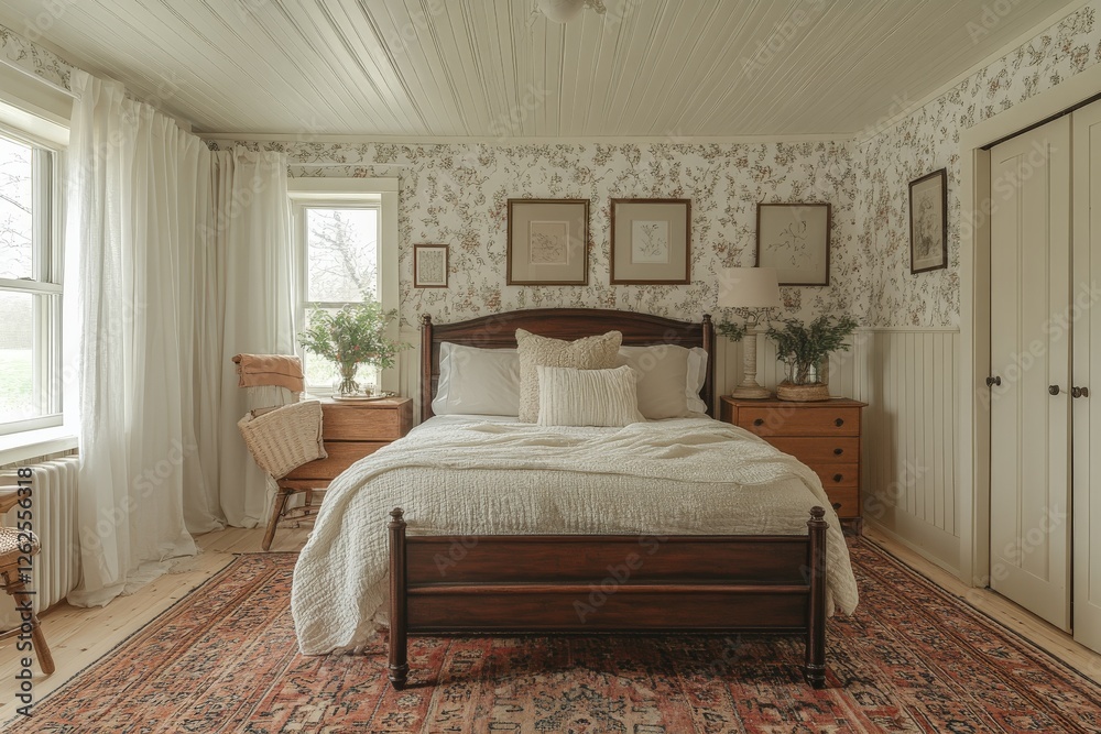 Fototapeta premium Cozy bedroom with vintage decor and natural light flowing through large windows