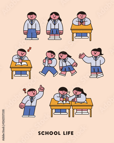 Illustration of school life characters of students wearing school uniforms set