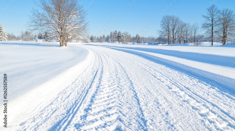 Snowy winter trail through a field Snowy winter trail through a field