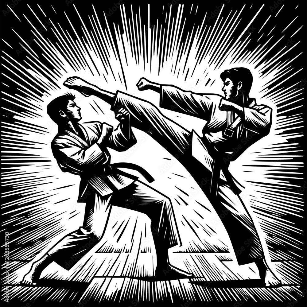 Dynamic and energetic illustration of a taekwondo sparring match. Two athletes are engaged in combat, facing each other with dynamic poses.
