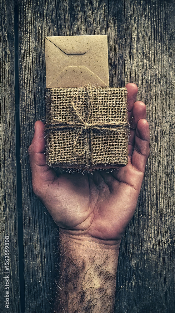 Fototapeta premium Hand holding rustic gift wrapped in craft paper on wooden table. Possible use showcasing handcrafted gifts