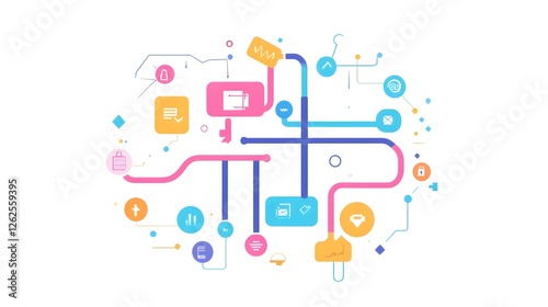A colorful, abstract drawing of a network of lines and shapes. The image is meant to represent the interconnectedness of technology and the internet