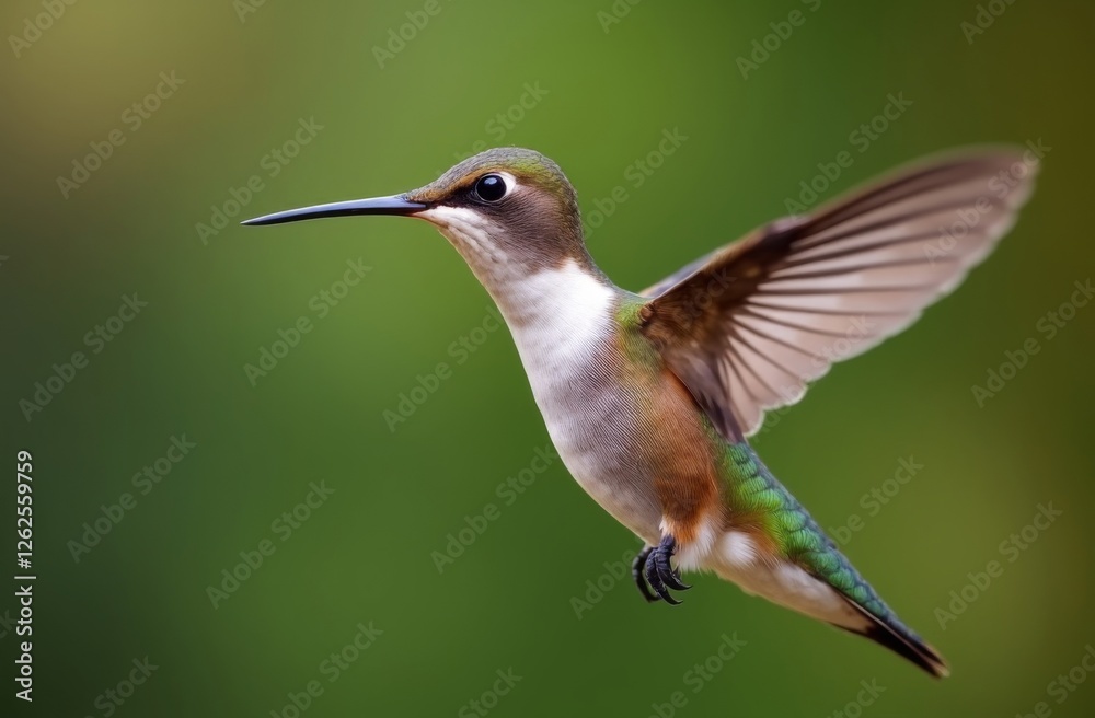 Fototapeta premium Close-up of a hummingbird mid-flight with wings spread wide, displaying iridescent green and brown plumage against a blurred green background