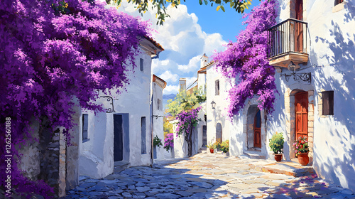 Fototapeta Naklejka Na Ścianę i Meble -  Stunning streets of the Mediterranean, with white buildings and purple bougainvillea
