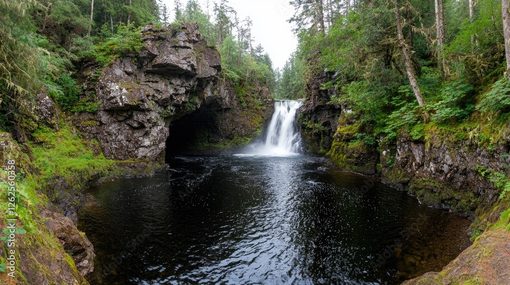 Waterfall cascading into dark pool, lush forest backdrop; nature scene Waterfall cascading into dark pool, lush forest backdrop; nature scene