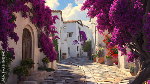 Fototapeta Naklejka Na Ścianę i Meble -  Stunning streets of the Mediterranean, with white buildings and purple bougainvillea
