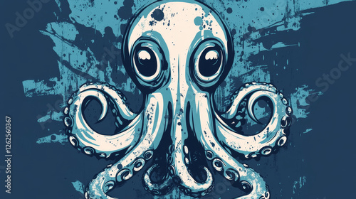 T-shirt print with squid, calamary mascot for diving club, sea adventure scuba dive nautic grunge blue template with marine mollusc t-shirt emblem. Ocean sport team apparel design vector illustration