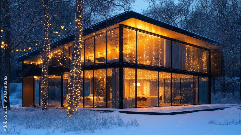Obraz premium Modern house illuminated with festive lights in snowy landscape