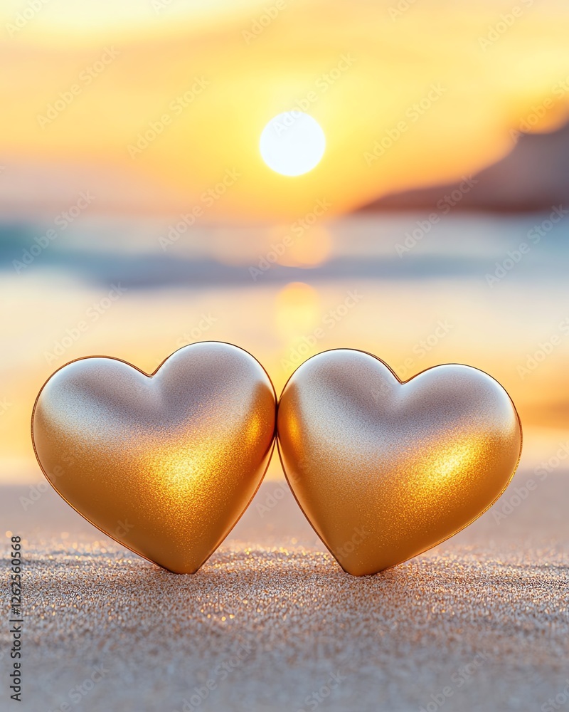 Fototapeta premium Two golden heart symbols at sunset on the beach, representing love and romance.