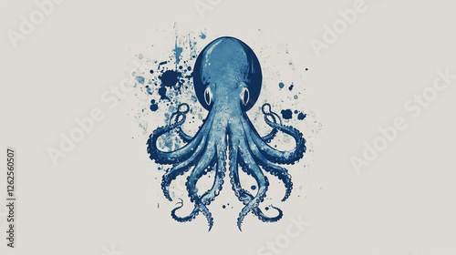 T-shirt print with squid, calamary mascot for diving club, sea adventure scuba dive nautic grunge blue template with marine mollusc t-shirt emblem. Ocean sport team apparel design vector illustration