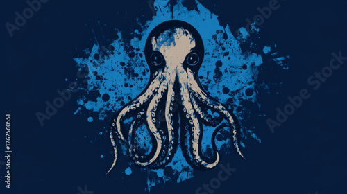T-shirt print with squid, calamary mascot for diving club, sea adventure scuba dive nautic grunge blue template with marine mollusc t-shirt emblem. Ocean sport team apparel design vector illustration