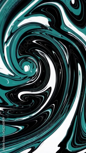 Close-up, fluid marble swirl of teal, black, and white. Liquid marble pattern swirling design, marbled fluid motion, flowing marble liquid stone swirl, dynamic marble flow. Vertical video backgrounds
