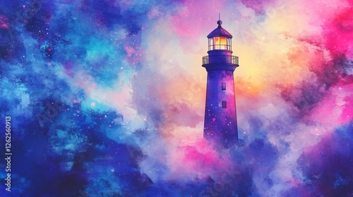 Artistic Watercolor Depiction of a Majestic Lighthouse Against a Captivating Sunset over the Expansive Ocean