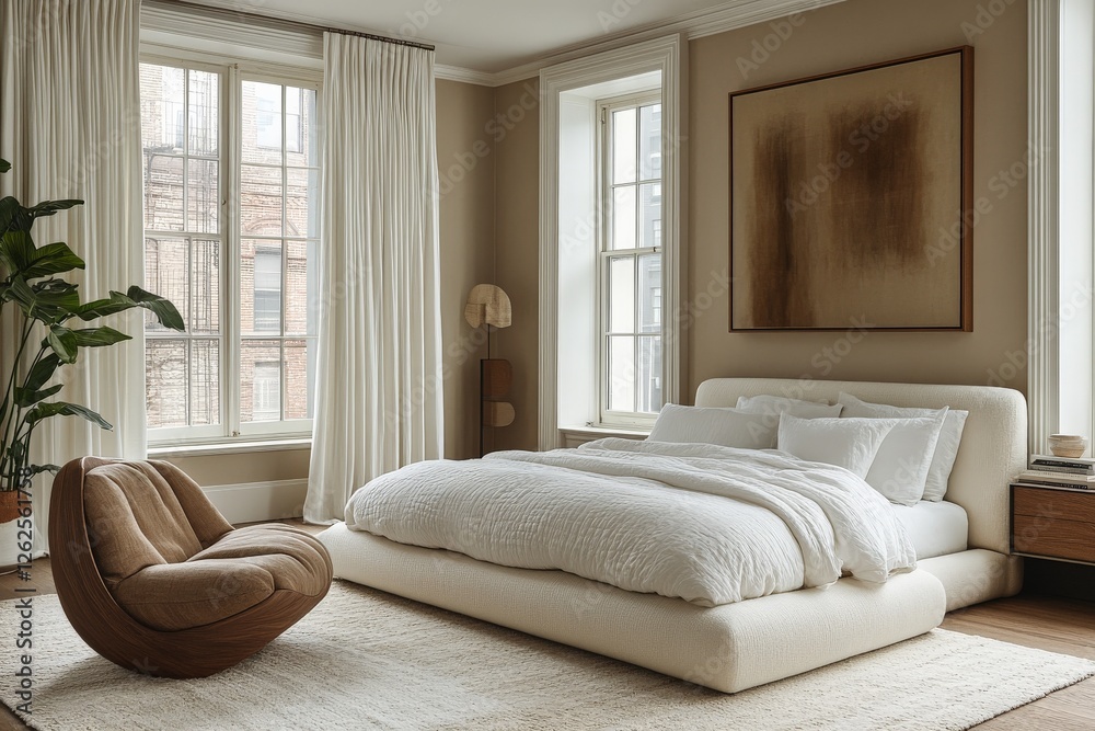 Fototapeta premium Spacious bedroom design with neutral tones and natural light in a modern urban apartment