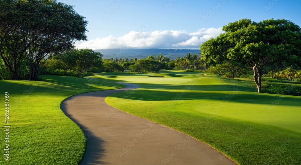 Naklejka premium long winding concrete path leads through lush green golf course, surrounded by trees and mountains in background, creating serene and inviting atmosphere