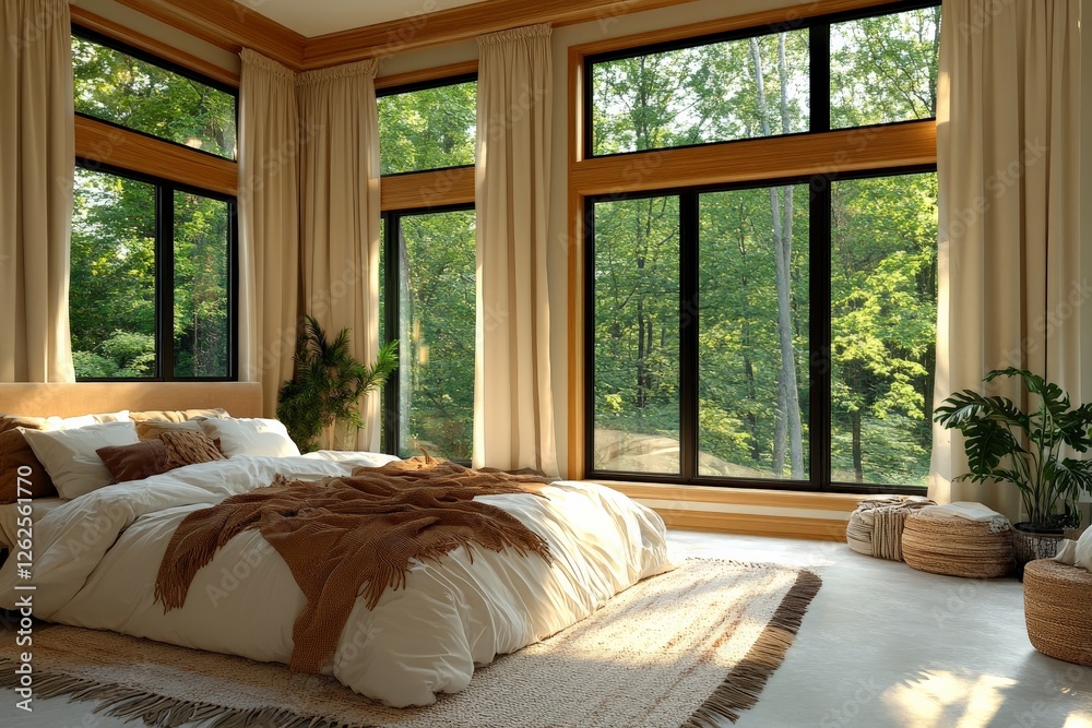 Fototapeta premium Bright bedroom with large windows overlooking lush greenery in a modern home during the morning light