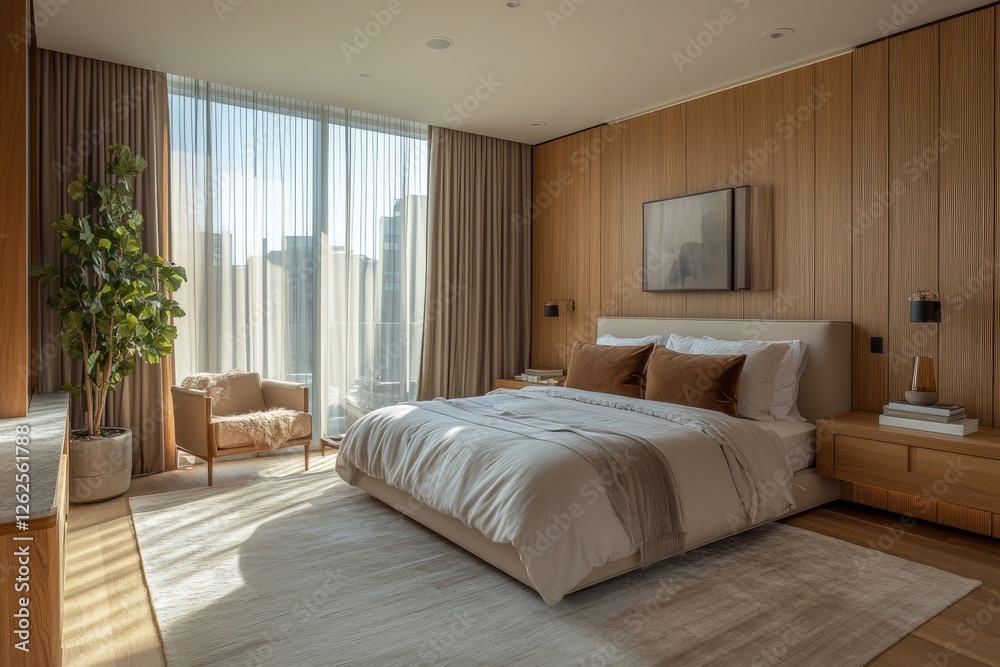 Fototapeta premium Modern bedroom interior with large windows offering city views during daytime