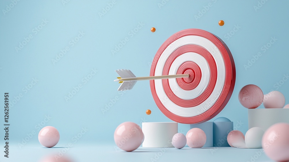 Bullseye Target with Arrow and Colorful Balls on Blue Background Bullseye Target with Arrow and Colorful Balls on Blue Background