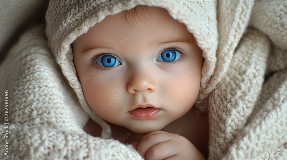 Baby with captivating blue eyes, wrapped in a soft knit blanket Baby with captivating blue eyes, wrapped in a soft knit blanket