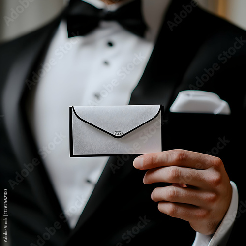 Man in tuxedo holding wedding invitation, close-up; elegant background.  Use Wedding stationery, event planning
