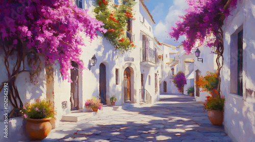 Fototapeta Naklejka Na Ścianę i Meble -  Stunning streets of the Mediterranean, with white buildings and purple bougainvillea
