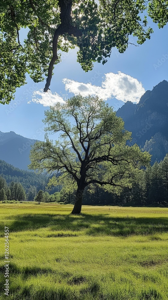 Serene Mountain Meadow with Majestic Tree