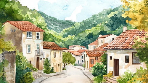 Wallpaper Mural Quaint Village Street Watercolor Depicts European Charm and Nostalgia for Serene Ambiance Torontodigital.ca