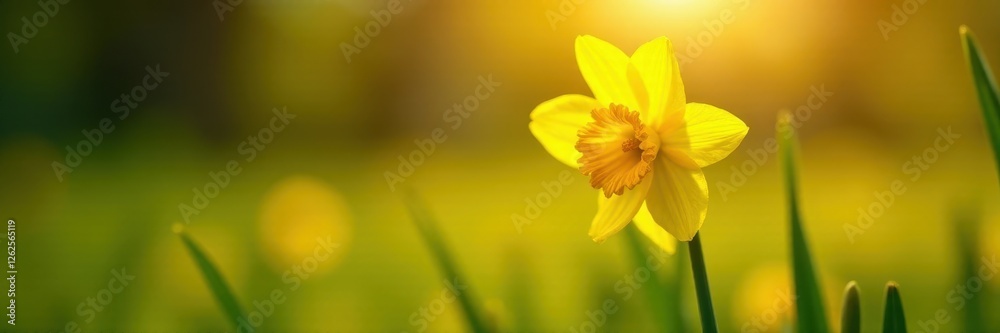 Bright yellow daffodil, shallow depth of field, sunlit meadow, happy, festive Bright yellow daffodil, shallow depth of field, sunlit meadow, happy, festive