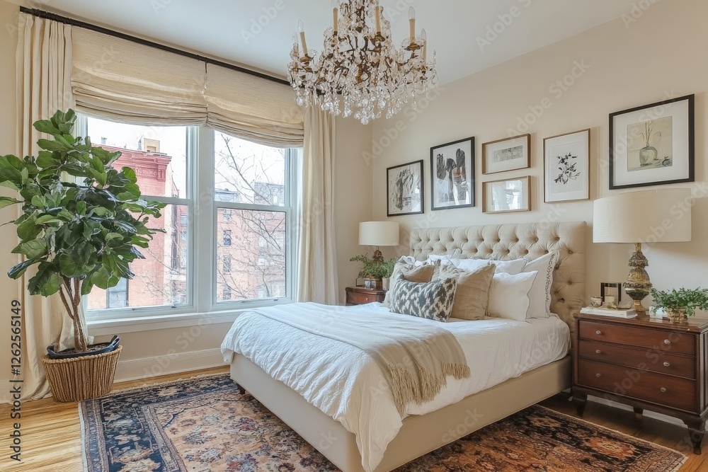 Fototapeta premium Elegant bedroom interior with natural light and decorative plants in a stylish urban apartment