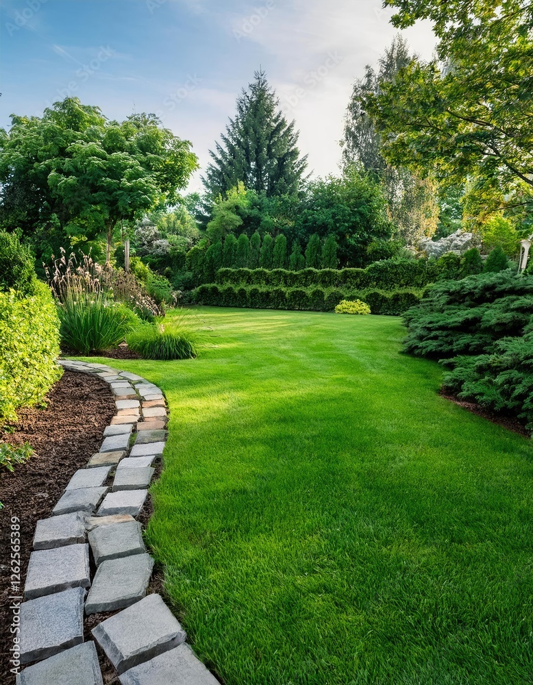 Garden Landscaping with Stone Border and Lush Green Lawn 