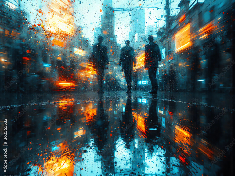 Fototapeta premium Regen auf Glas mit reflektierenden Lichtern und urbaner Kulisse