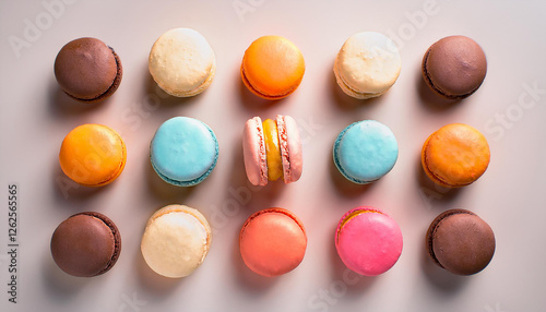 colorful macaroons on a beige background, top view photo