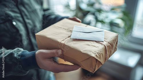 Wallpaper Mural Courier delivering a package indoors, near a window; background blurred.  Image suitable for e-commerce, delivery services, or shipping websites Torontodigital.ca