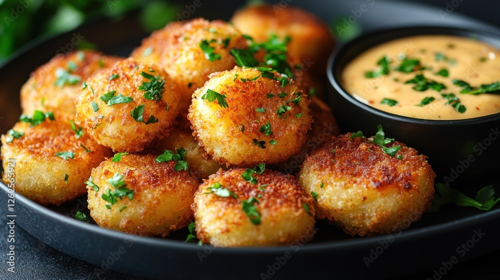 Crispy fried potato bites with spicy dipping sauce on dark plate Crispy fried potato bites with spicy dipping sauce on dark plate