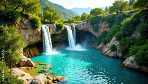 Cascading waterfalls & thermal pools, lush Tuscan landscape , relaxation, picture