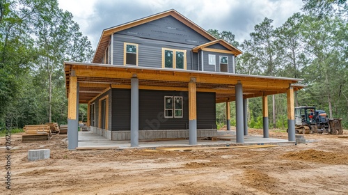 New Elevated Coastal Home Construction in Wooded Setting Under Cloudy Sky