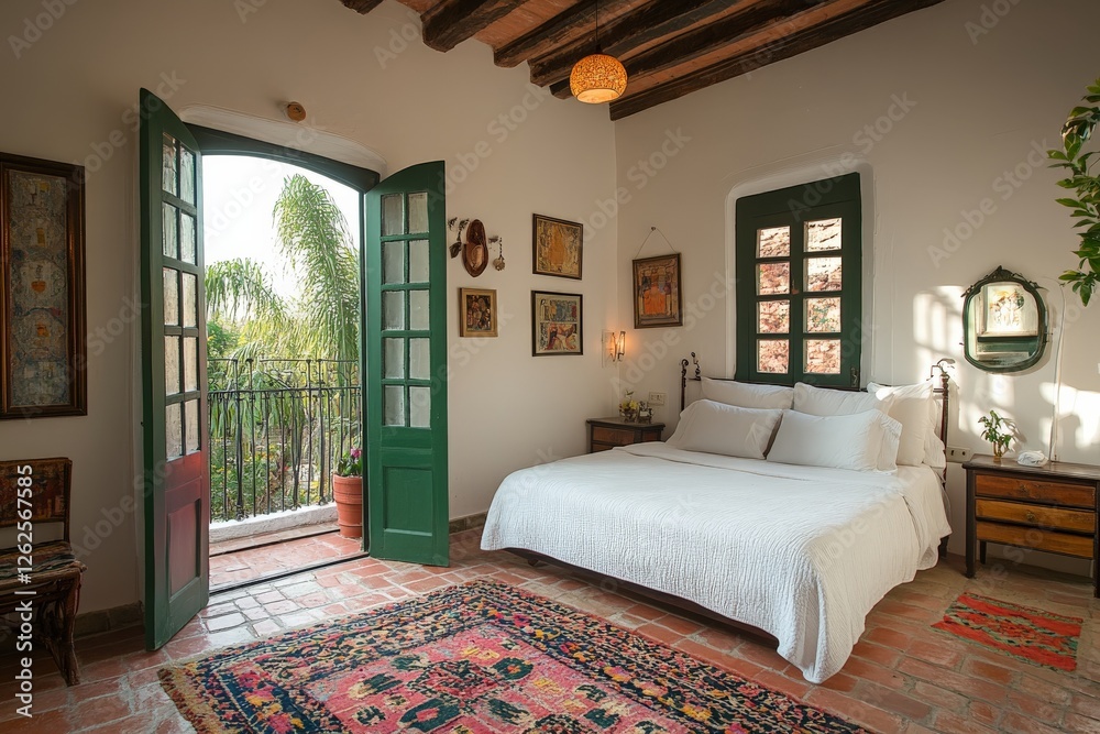 Fototapeta premium Elegant bedroom with open green doors leading to a spacious balcony, inviting natural light and fresh air in tranquil surroundings