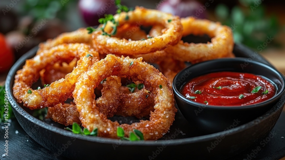 Crispy onion rings on a cast iron plate with ketchup, vegetables in background Crispy onion rings on a cast iron plate with ketchup, vegetables in background