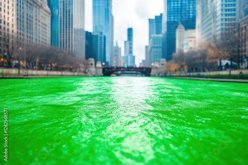 The river is dyed green to celebrate Irish St. Patrick's Day, a traditional festival in a major American city