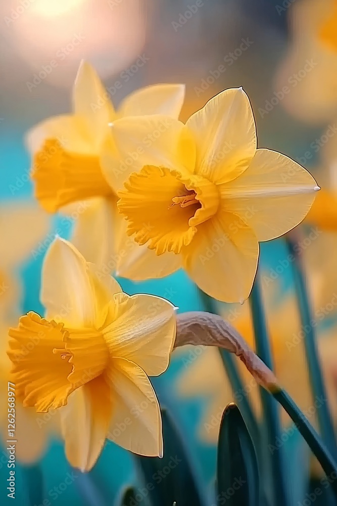Vibrant Yellow Daffodils in Full Bloom, Sharp Focus on Petals, Against a Blurred Backdrop Vibrant Yellow Daffodils in Full Bloom, Sharp Focus on Petals, Against a Blurred Backdrop