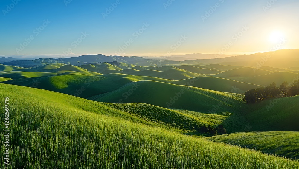 Obraz premium Vast Green Expanse A panoramic view of a lush green landscape with rolling hills and a bright blue sky dotted with fluffy white clouds creating a sense of peace and tranquility