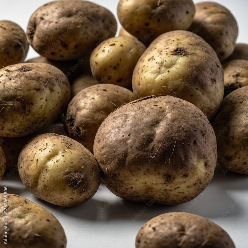 A plump, earthy brown potato with natural imperfections on a white background.