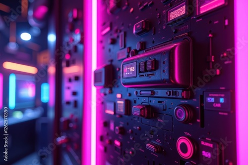 Close-Up of a Technologically Advanced Control Panel Illuminated by Neon Lights in a Modern Space, Showcasing Intricate Details and Vibrant Colors